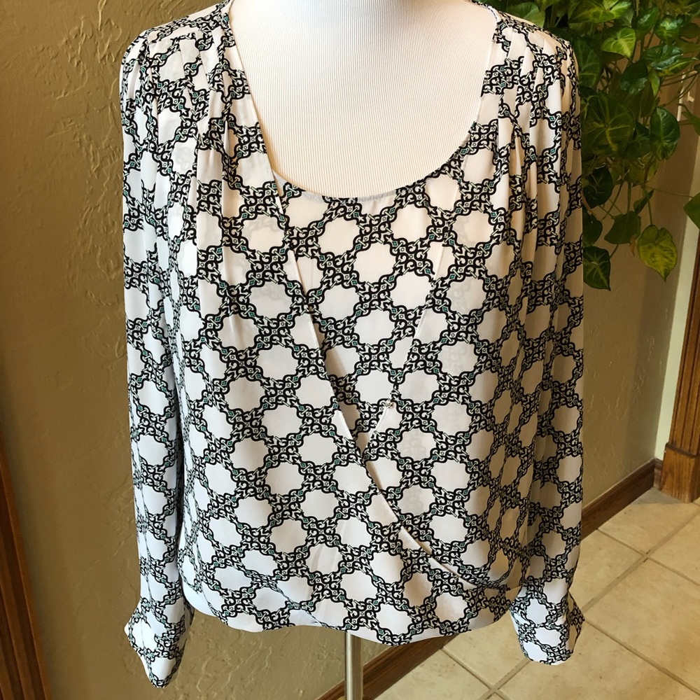 WHBM Black & White Regency Geo Surplice Blouse